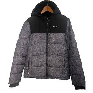 Eddie Bauer Kids Puffer Hooded Jacket Black‎ Grey Heathered Winter Size XL 16